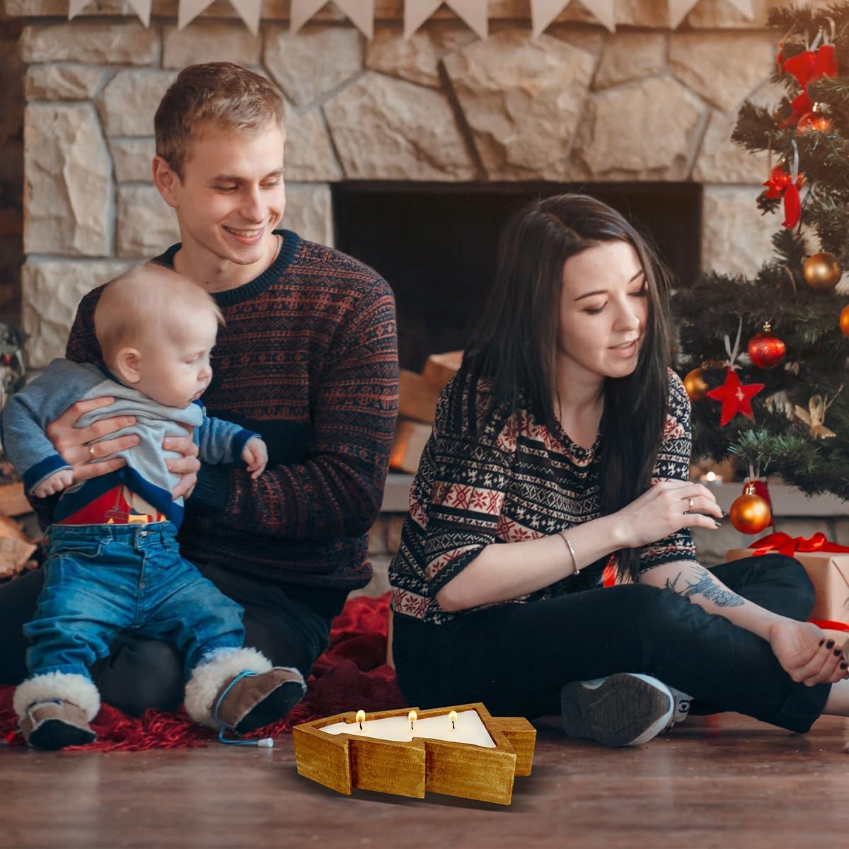 Aromatherapy Candle, SEVEYEE Tree Candle 3wicks 12oz, Large Wooden Bowl Candles for Women,Girl Birthday Gift,Apple Fragrance vin