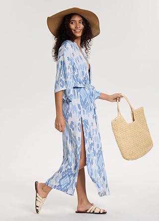 Women's Long Kimono Swimsuit Coverups Open Front Casual Loose Beach Cover Up Cardigans for Swimwear (Light Blue Boho