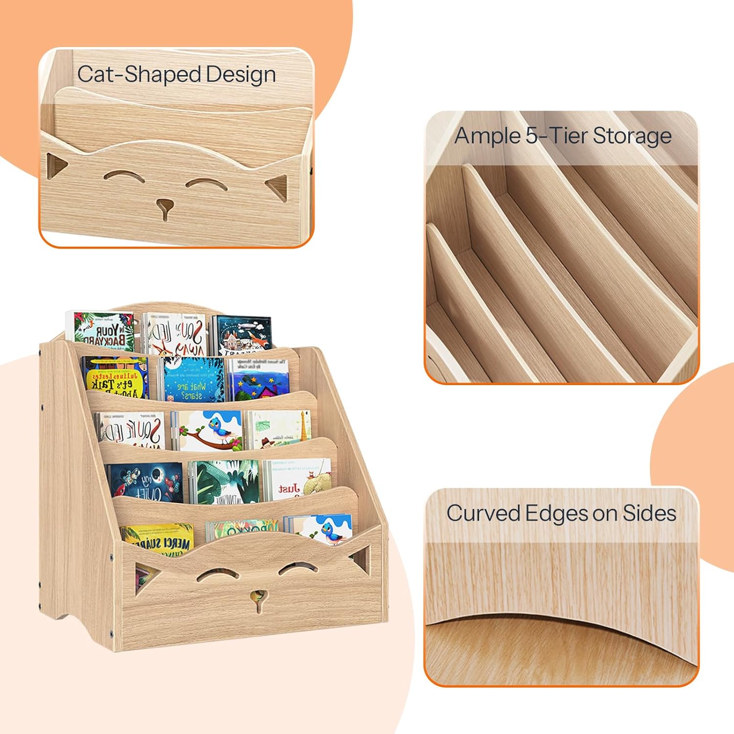 HOOBRO Kids Bookshelf, Book Shelf for Kids Room, Toddler Bookshelf, Baby Bookcase Display Shelves, 5-Tier Kids Book Rack Storage for Playroom and Nursery, Ideal Gift for Boys & Girls, Natural NL50CW01