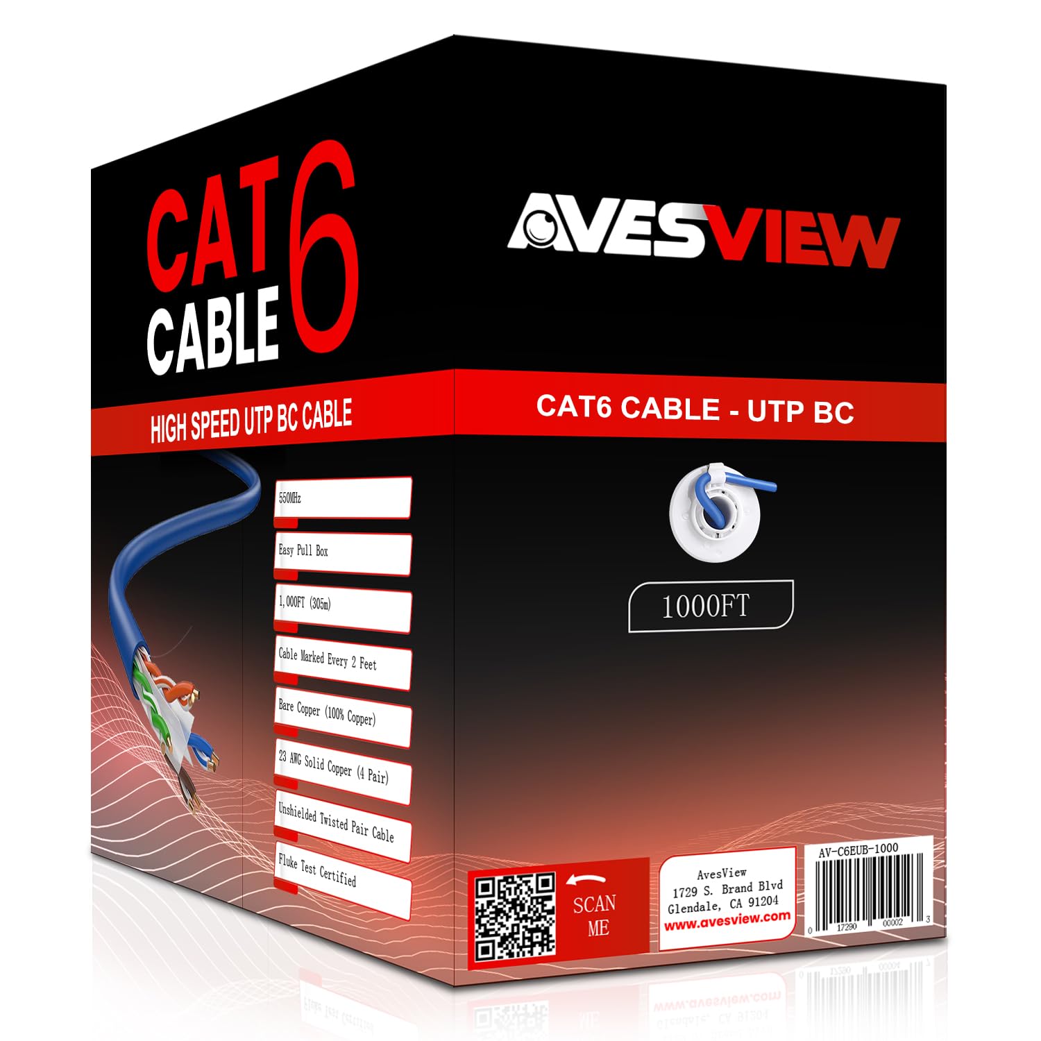 AvesView Cat6 Ethernet Cable 1000ft Easy Pull Box 23AWG Solid Bare Copper Unshielded High-Speed Internet Cable Unshielded Twisted Pairs (UTP) 550MHz