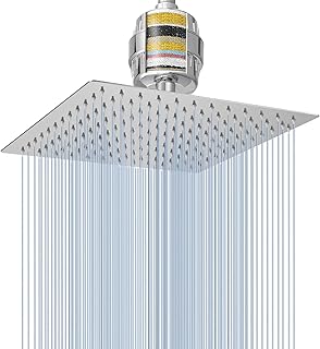 Conjunto de Cabezal de Ducha Tipo Lluvia y Filtro de Ducha Voolan, Cabezales de Ducha de Alta Presión Fabricados en Acero Inoxidable, Cartucho Filtrante para Agua Dura (25cm, Cuadrado)