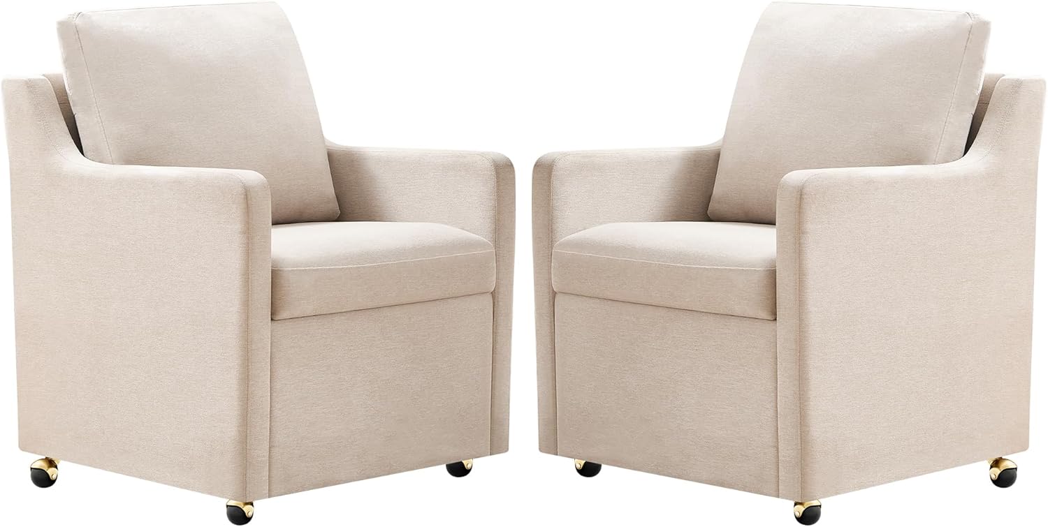 Modern Dining Chair, Linen Upholstered Dining Chairs with Back Pillow and 4 Casters, Accent Armchair for Reading Room Living Room Bedroom (Beige-2 Seat)