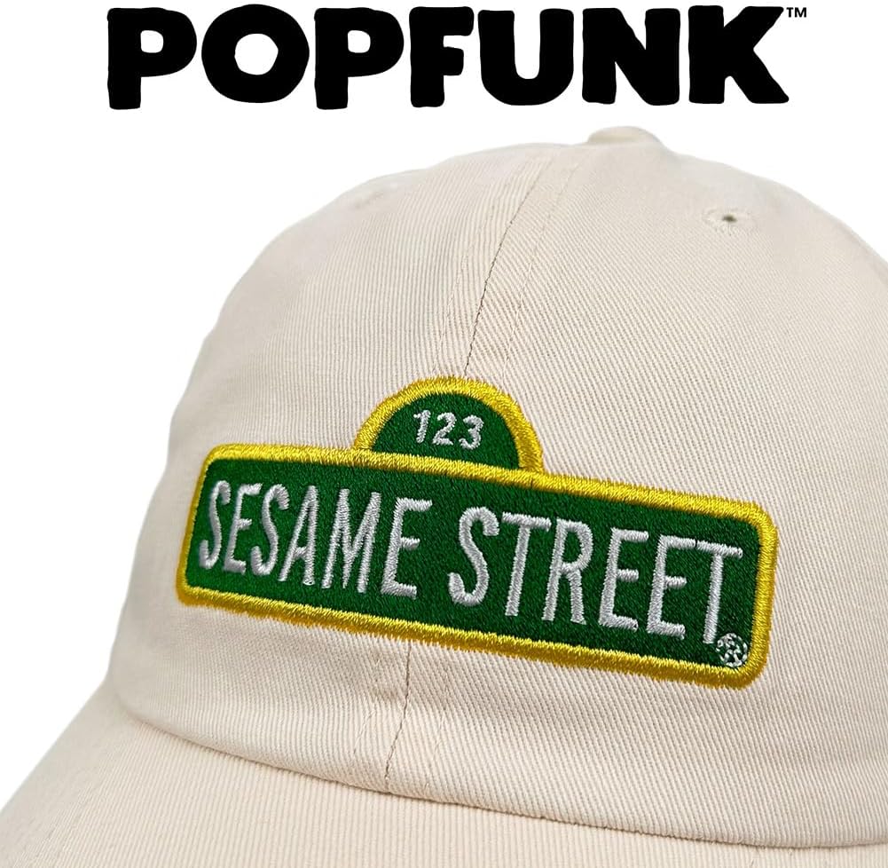 Popfunk Official Sesame Street Logo Dad Hat - The U18 Adjustable Relaxed-Fit Cap - Unisex for Men and Women, Cream