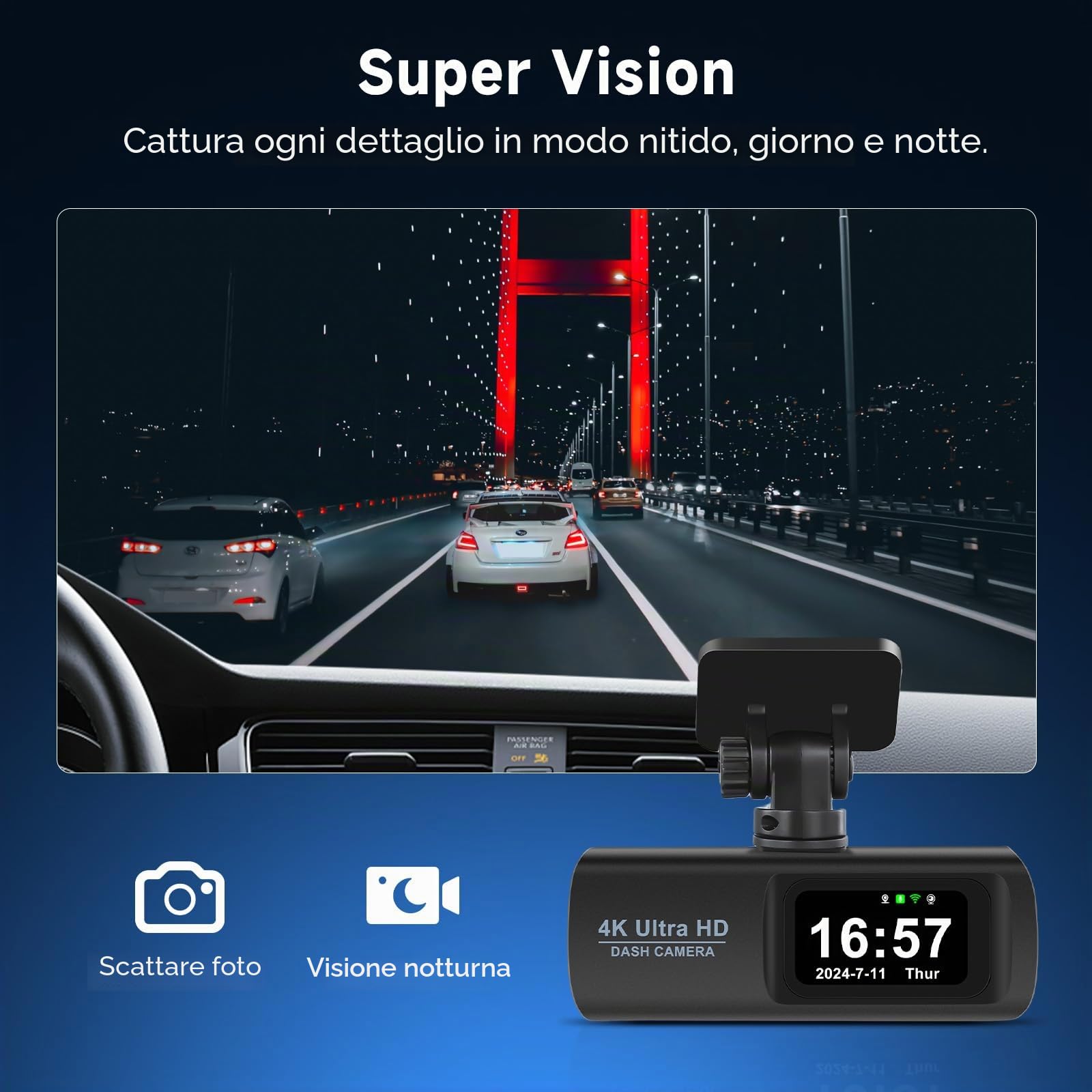 4K Dashcam per Auto Anteriore e Posteriore con WiFi da 5 GHz, Dash Cam con Scheda SD da 64 GB, Doppia Fotocamera per Auto con Visione Notturna Eccellente, Registrazione in loop, Sensore G