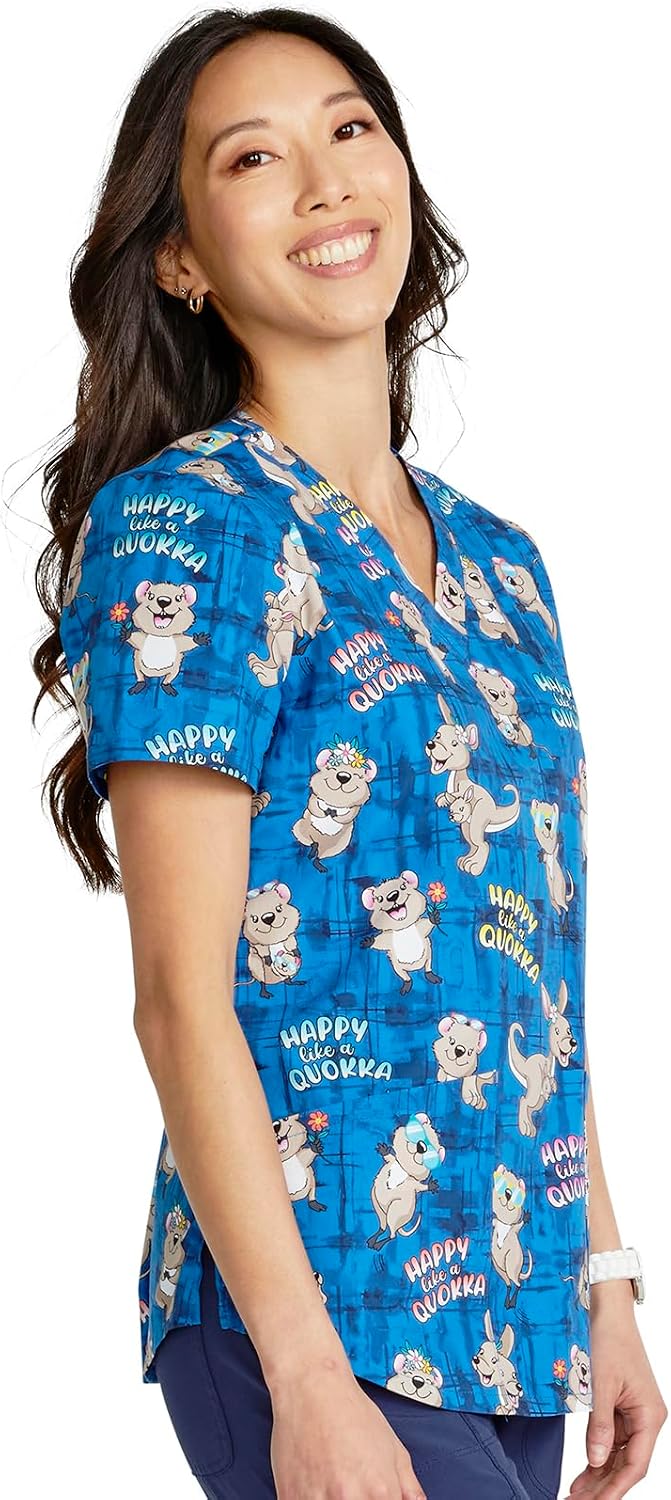 Cherokee Scrubs for Women V-Neck Printed Scrub Top Modern Classic Fit with 3 Pockets, Shaping Darts & Side Vents - CK664