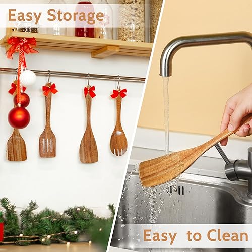 Miniatura 6 de Pleafind Juego de utensilios de madera de teca natural, 9 piezas, cucharas de madera para cocinar, juego de utensilios de cocina de madera con