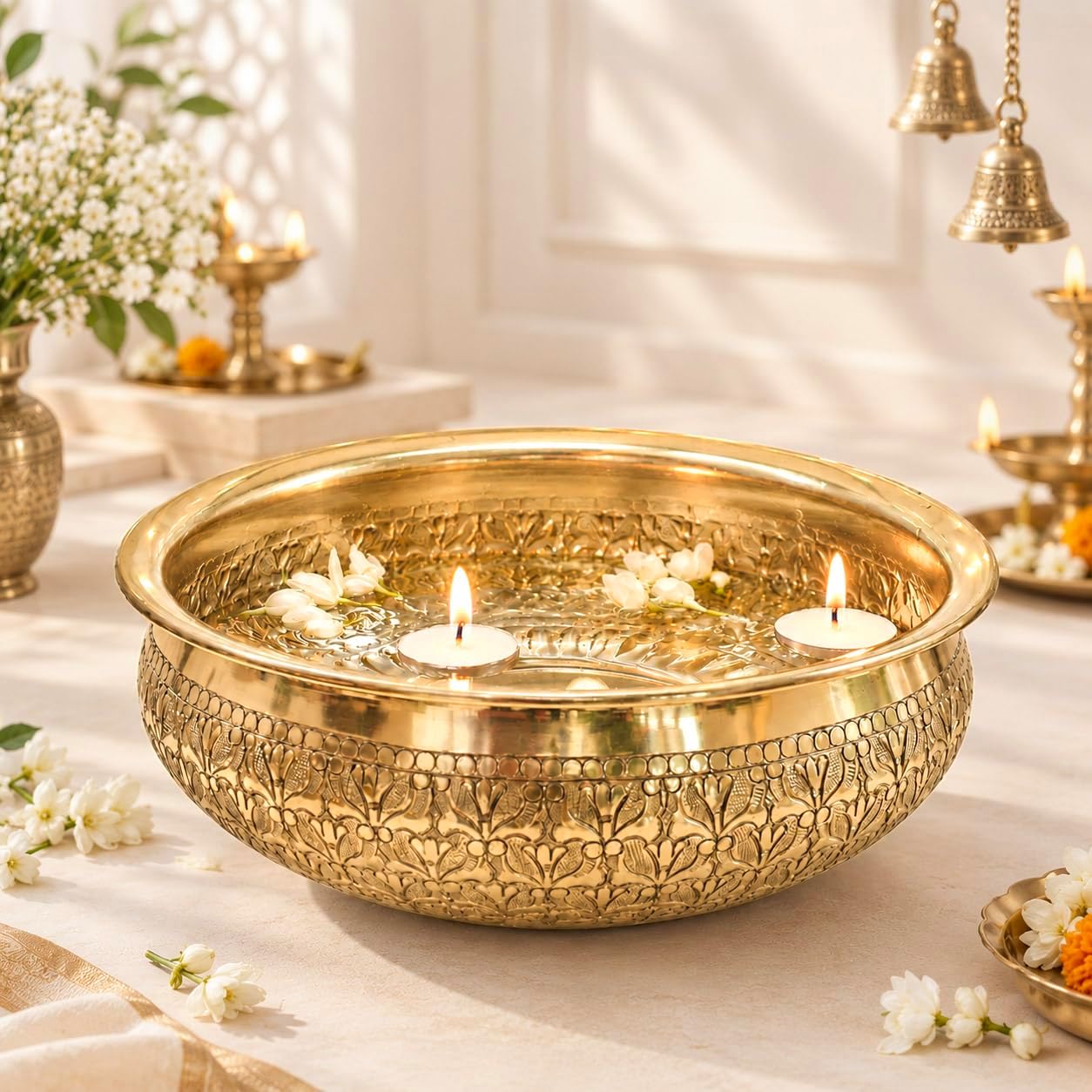 BEHOMA Classic Golden Metal Chitai Design Urli 10" - 1Pc, 1000 ml