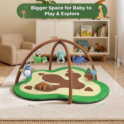 Miniatura 7 de Tapete de juego para el gimnasio para bebés, tapete de gran tamaño con forma de garras de dinosaurio con 6 juguetes de actividad desmontables para