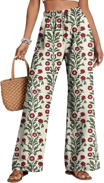 Womens Floral Print Wide Leg Pants High Waist Drawstring Lightweight Summer Beach Lounge Trousers with Pockets