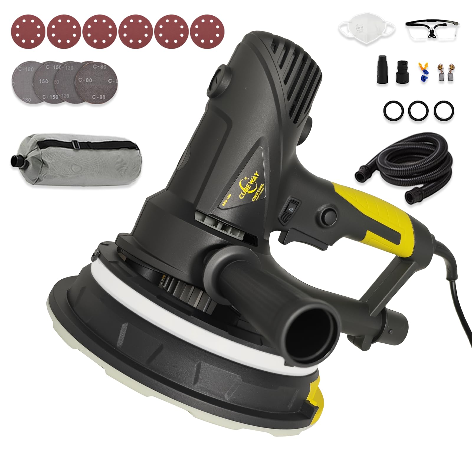 Elektrischer Trockenbauschleifer, Wandschleifer 710W mit Staubabsaugung mit LED-Licht, 360° Schleifteller, 180mm Schleifteller, 1200-2700RPM Variable Geschwindigkeit, 10 Stück Schleifscheibn