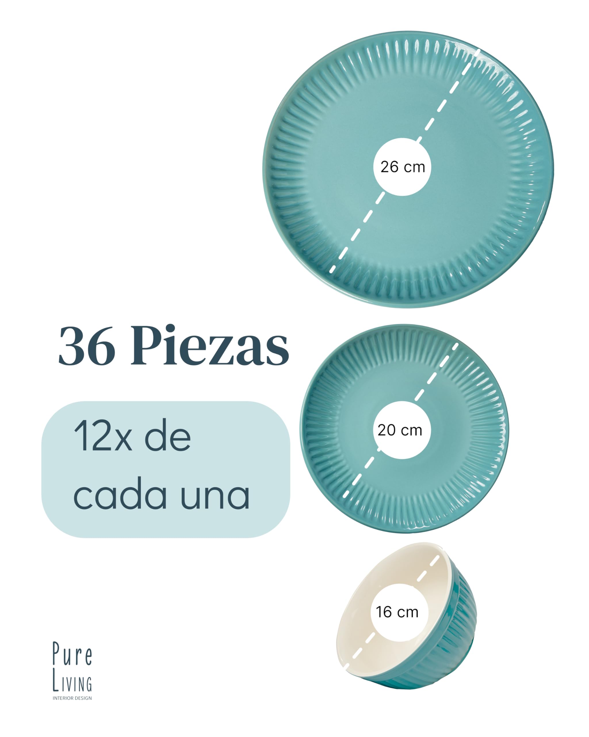 Elegante juego de vajilla de 36 piezas, serie Hygge, juego de cuencos y platos, vajilla de cerámica para 12 personas, apta para lavavajillas y microondas, color verde