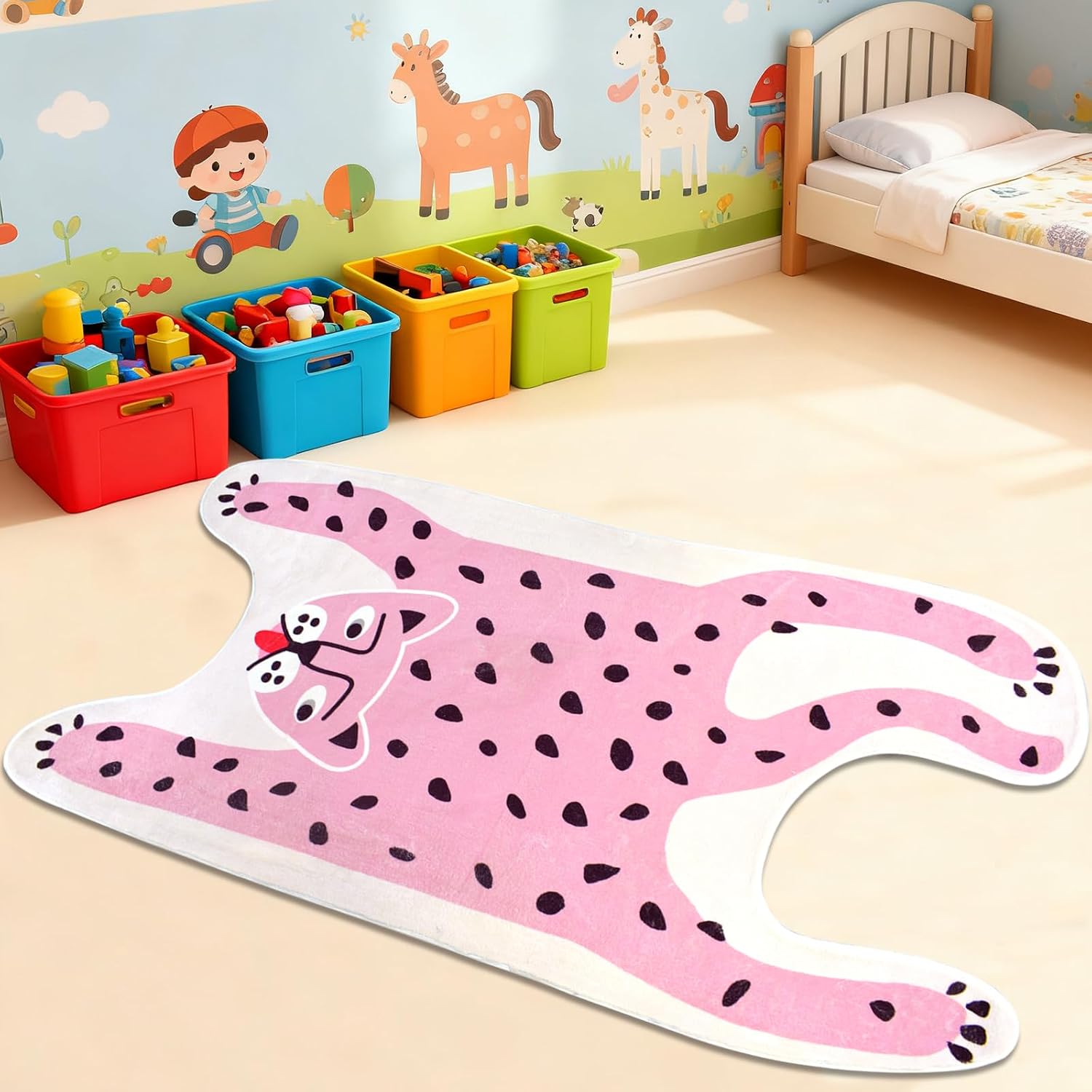 Leopard Rug 5Ft Animal Kids Carpet Nonslip Bedroom Area Rug Cartoon Floor Runner Rug for Kids Boys Girls Room Decor Baby Nursery Mats for Playing Play Mat, Light Pink, 31.5"x63"