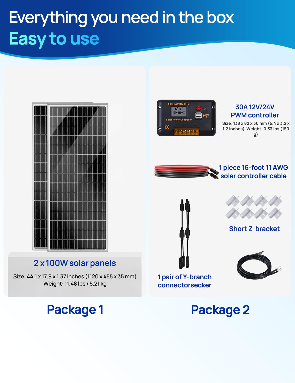 ECO-WORTHY Kit Panneau Solaire 200W (2x100W) 12V 18BB Type N, Rendement 25% avec Régulateur de Charge 30 A, Convient pour Camping-cars, Bateaux et Systèmes Solaires.