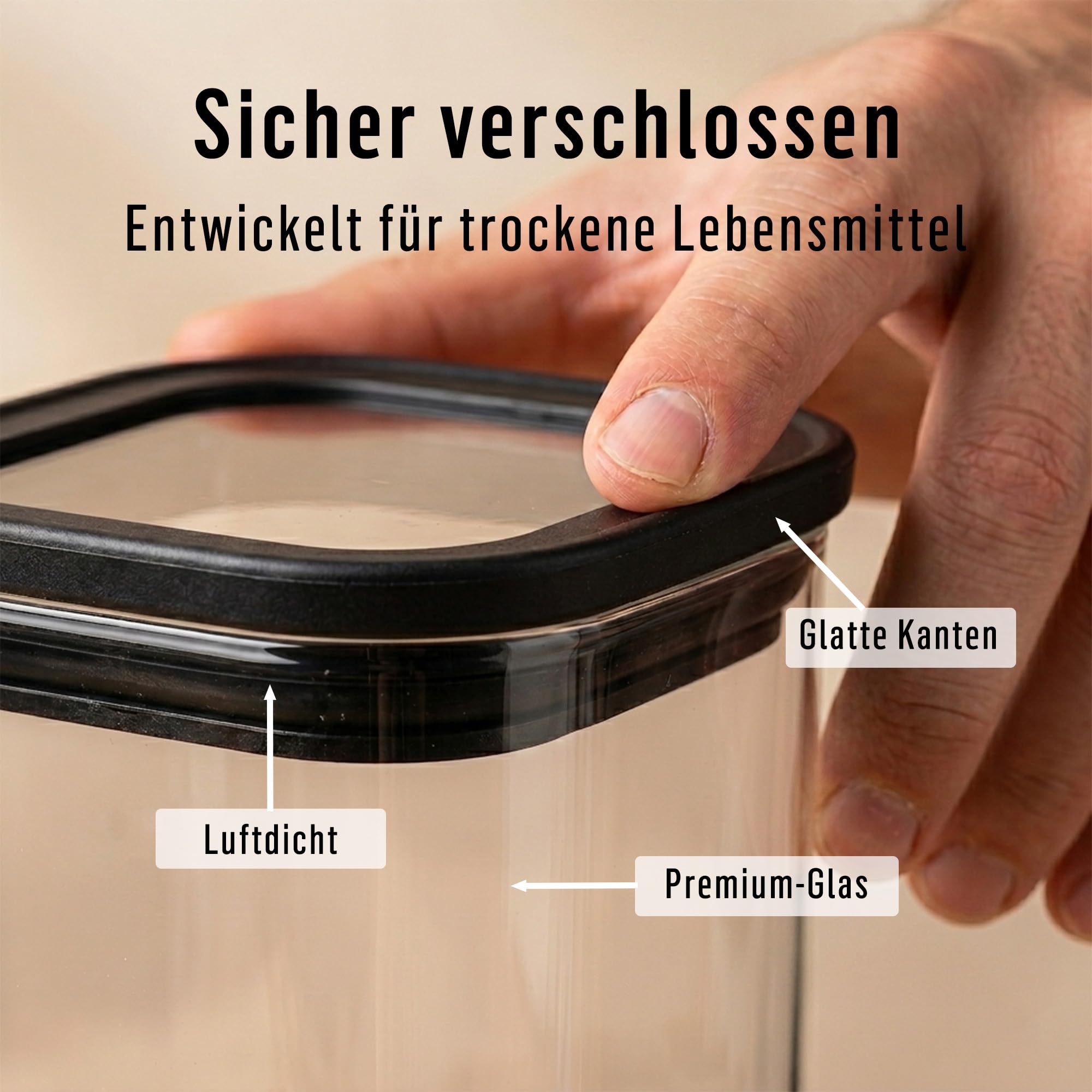 Deco haus Vorratsgläser Eckig mit Glasdeckel 6er-Set 1600 ml [+ Etiketten] | Vorratsdosen glas 6x1600ml - Nudeln, Müsli, Mehl Aufbewahrungsgläser - Glasbehälter & Töpfe - Vorratsbehälter Glas