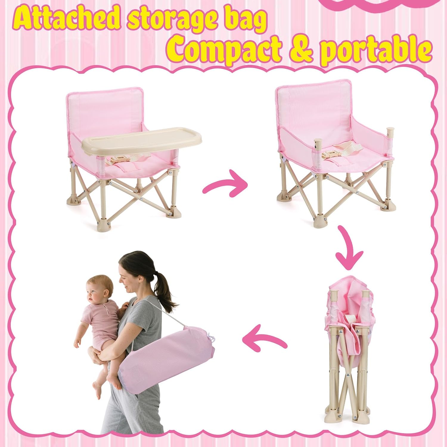 Toddler Beach Chair for Baby - Lightweight Kids Folding Camping Chair with Tray and Storage Bag, Easy to Clean, Safe Kids Lawn Camp Outdoor Chairs for Garden RV Travel (Pink)