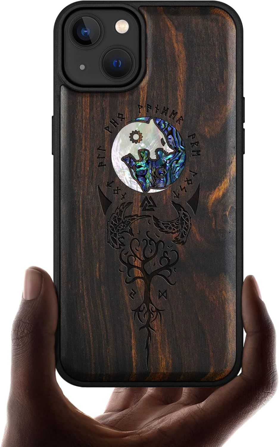 Carveit Wooden Case for iPhone 15 Plus Magnetic Case, Compatible with MagSafe Wireless Chargers, Shockproof Cover, Handmade Shell Inlaid & Wood Artisan Engraved (Yin Yang Wolf) Blackwood