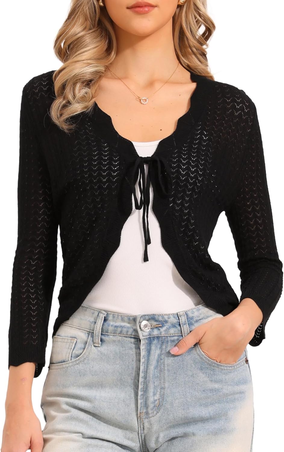 Allegra K Tie Front Cardigan for Women Crochet Bolero Shrug 3/4 Sleeve Knit Cropped Cardigans Tops