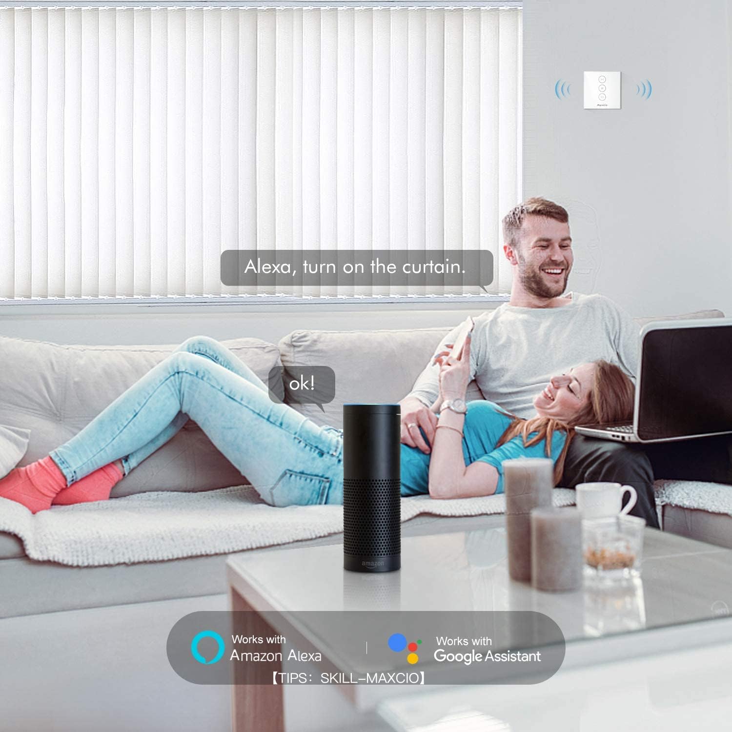 Maxcio - Timer intelligente per tapparelle, compatibile con Alexa e Google Home, telecomando app e timer, interruttore touch, conduttore zero, 4 confezioni