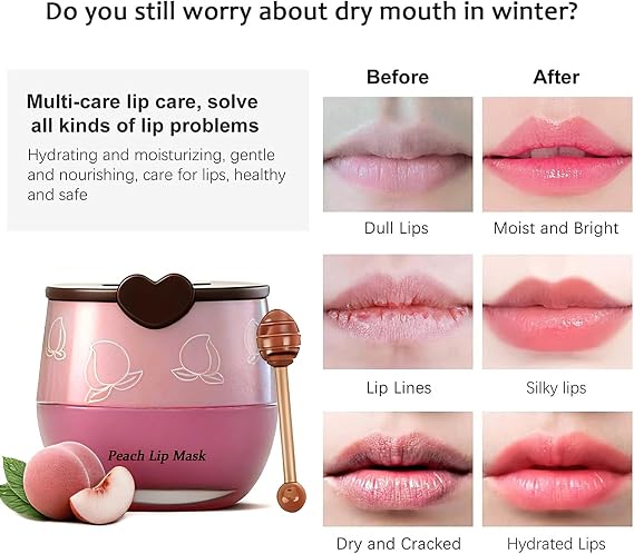 Bee Lip Balm Honey Pot, Peach & Grape & Aloe & Coconut & Watermelon Lip Mask, Overnight Propolis Moisturizing Lip Balm, Hydration, Dry & Cracked Lip Scrub, Exfoliator, Lip Wrinkle Care, 5 Pieces
