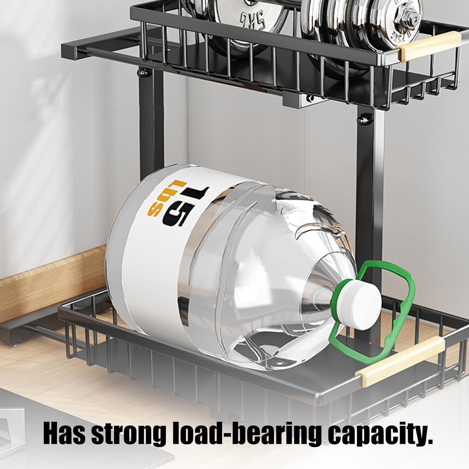 Componentized Below Sink Storage Rack Including Customizable Sections and Protective Carbon Steel Structure Sturdy Under Sink Shelf