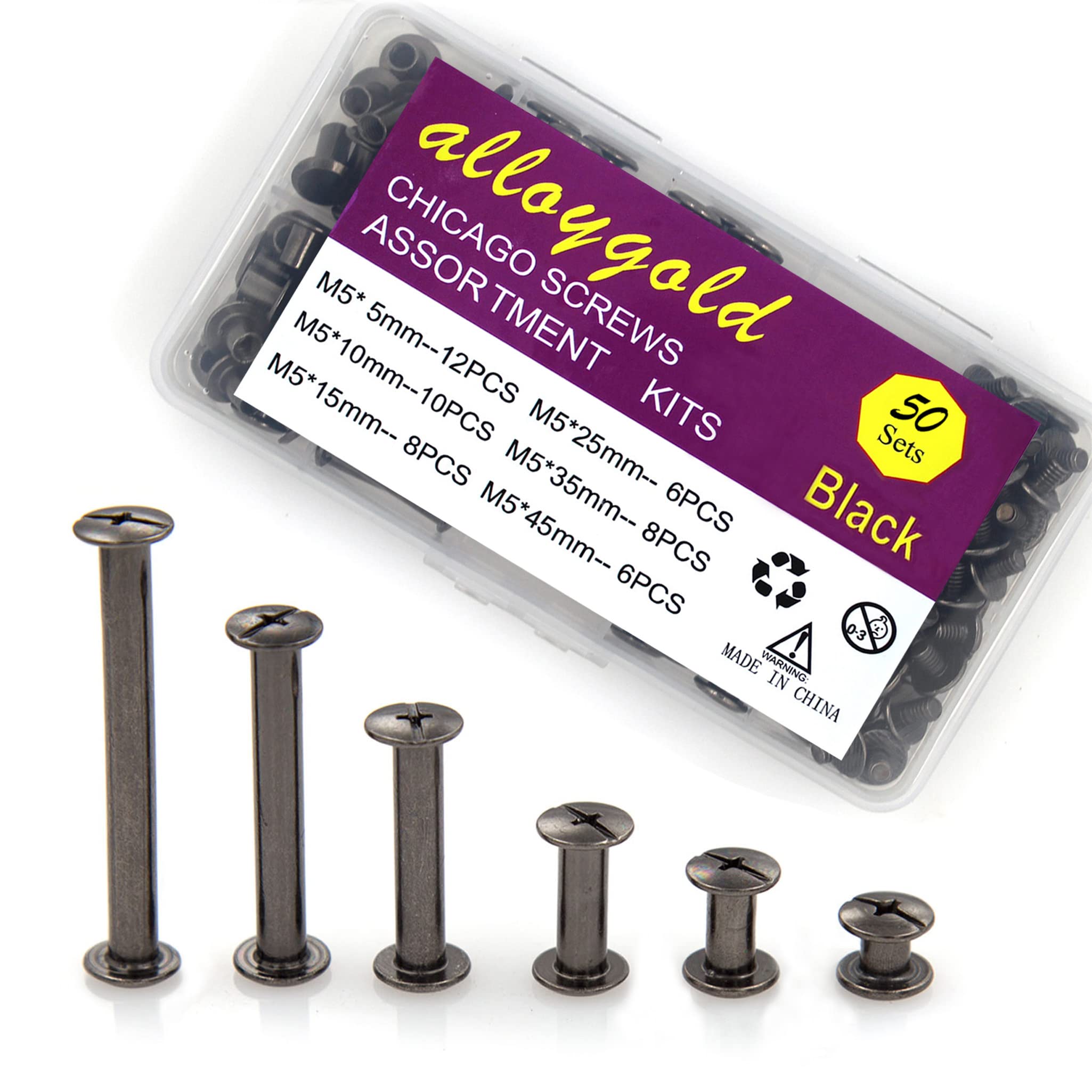 ALLOYGOLD 100 Pcs (50 Pair) Gun Black Phillips Chicago Binding Screws Assorted Kits,6 Sizes of Flat Head Rivet Hollow Binding Screws Posts, for