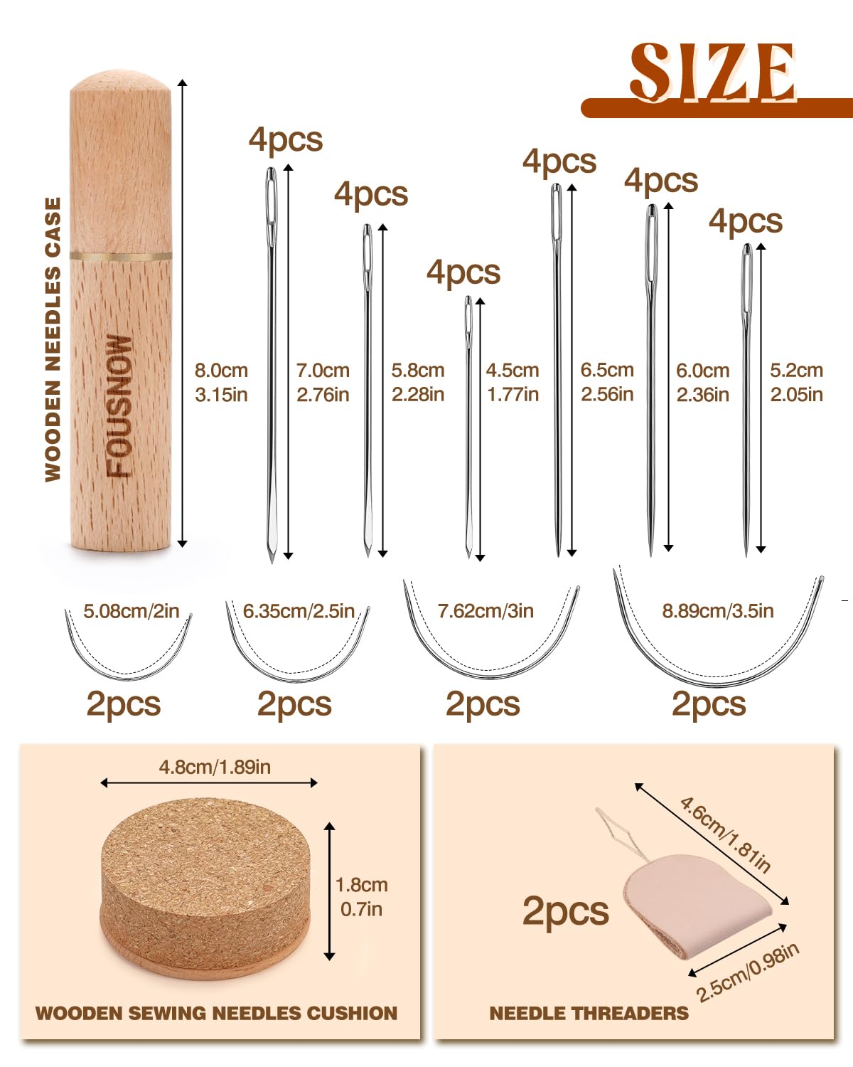 FOUSNOW Juego de 36 agujas de coser resistentes, agujas de coser curvadas para coser a mano, agujas de coser de cuero con cojín de agujas de coser de madera, estuche de agujas para reparación de