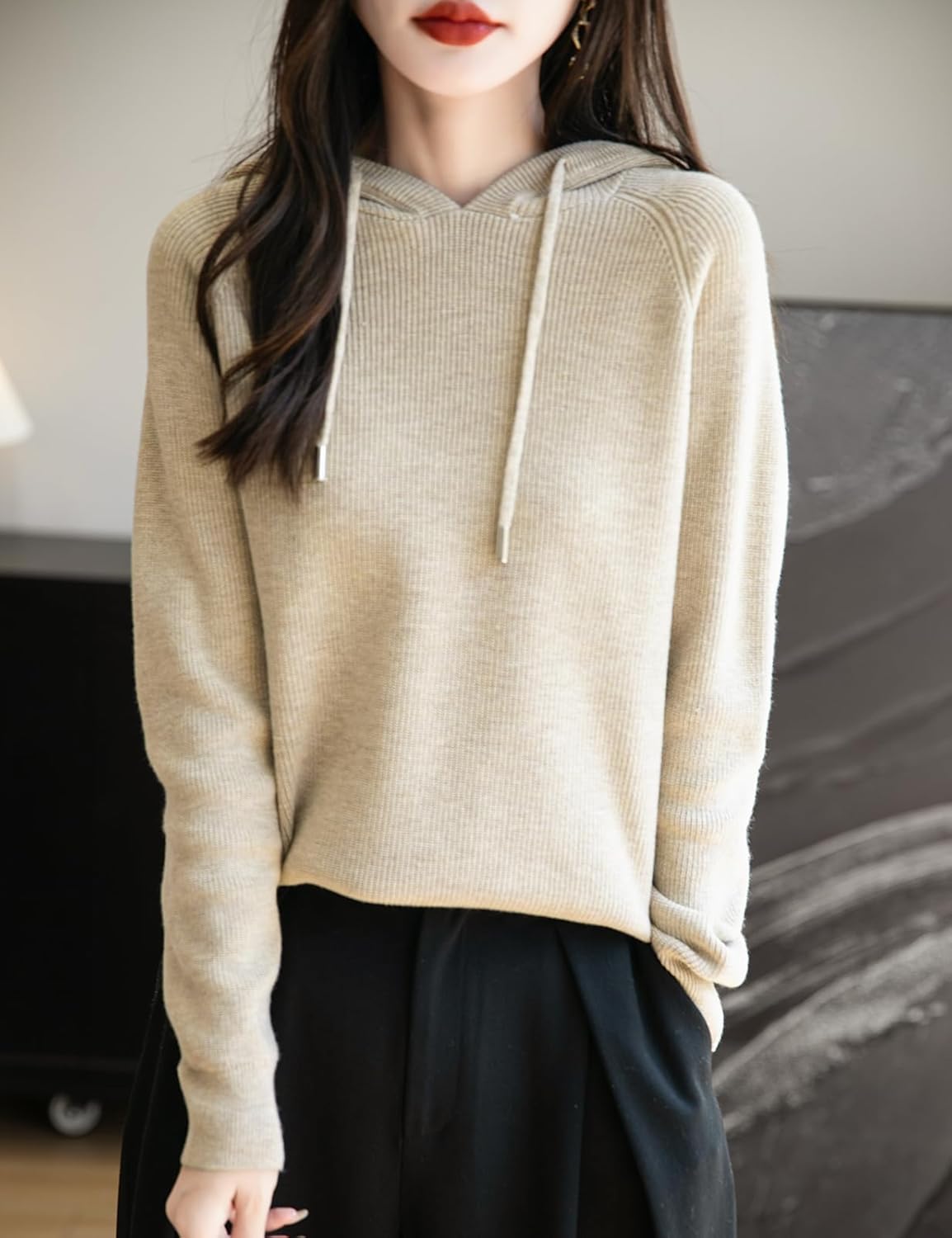Women's Merino Wool Blend Hoodies 2025 Fall Winter Crewneck Sweatshirt Long Sleeve Knitted Sweater with Drawstring - Image 5