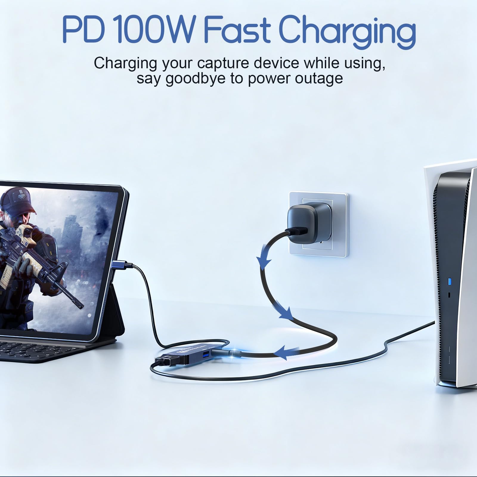 Dispositivo de captura de video con tarjeta de captura HDMI con conector dual USB/tipo C/PD de 100 W de carga/puerto OTG USB 3.0, adaptador de grabación de transmisión HDMI para Quest 3, Switch, PS5/4