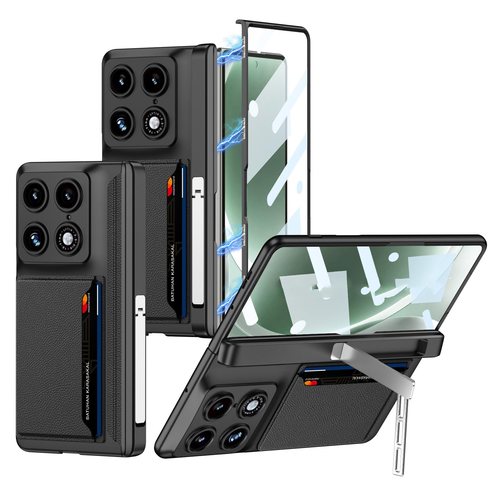 FDUJINH Kickstand Case for Moto Razr Fold, with Card Slot Adjustable Holder Screen Protector Hinge Anti-Scratch All -Inclusive Shell,Black,Fold