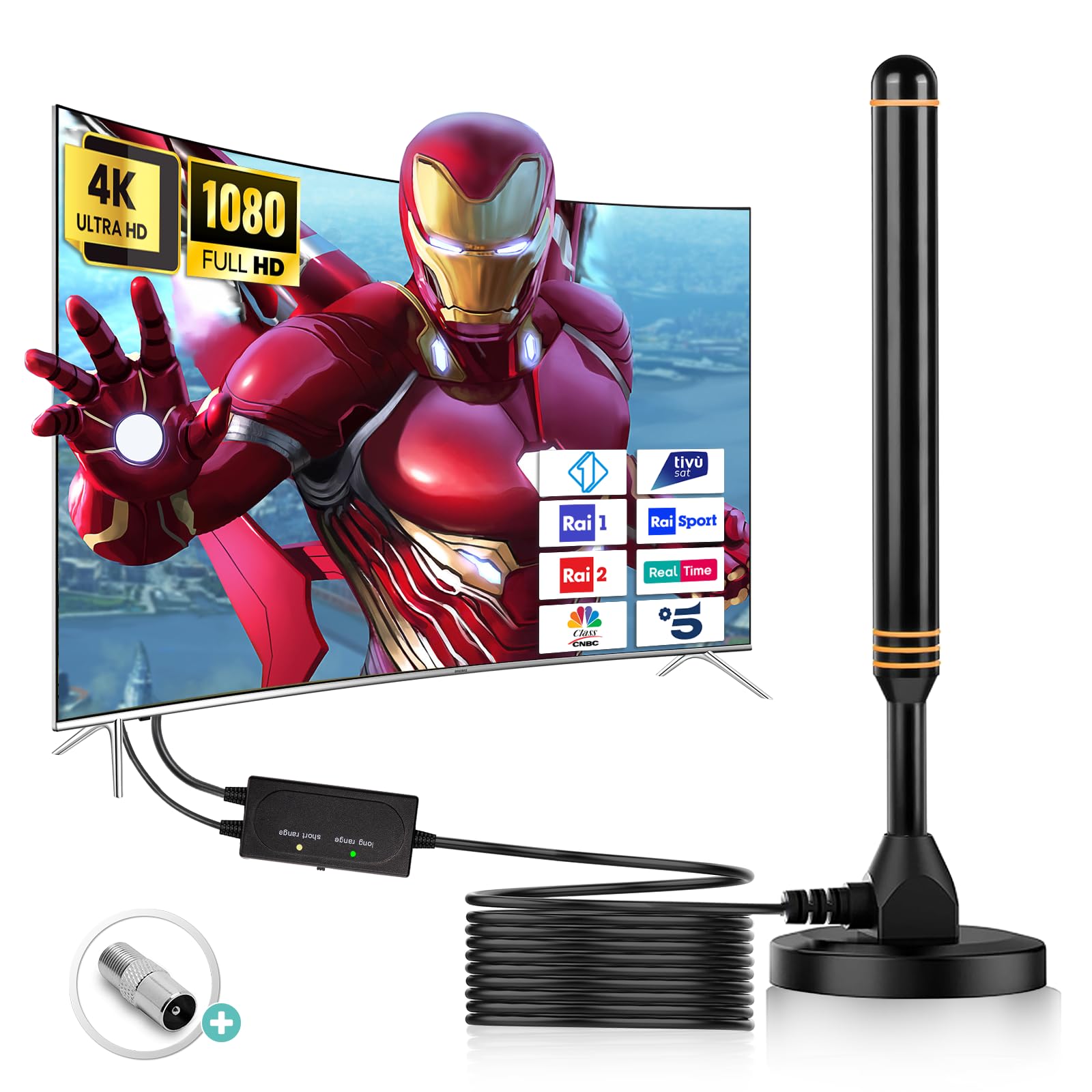 2024 Antenna TV Digitale - Antenna TV interna per la Ricezione di Canali TV Digitali, Antenna Amplificata Potente e Portatile con Cavo Coassiale da 5 m, Ricezione a Lungo Raggio di 580 km - arancia