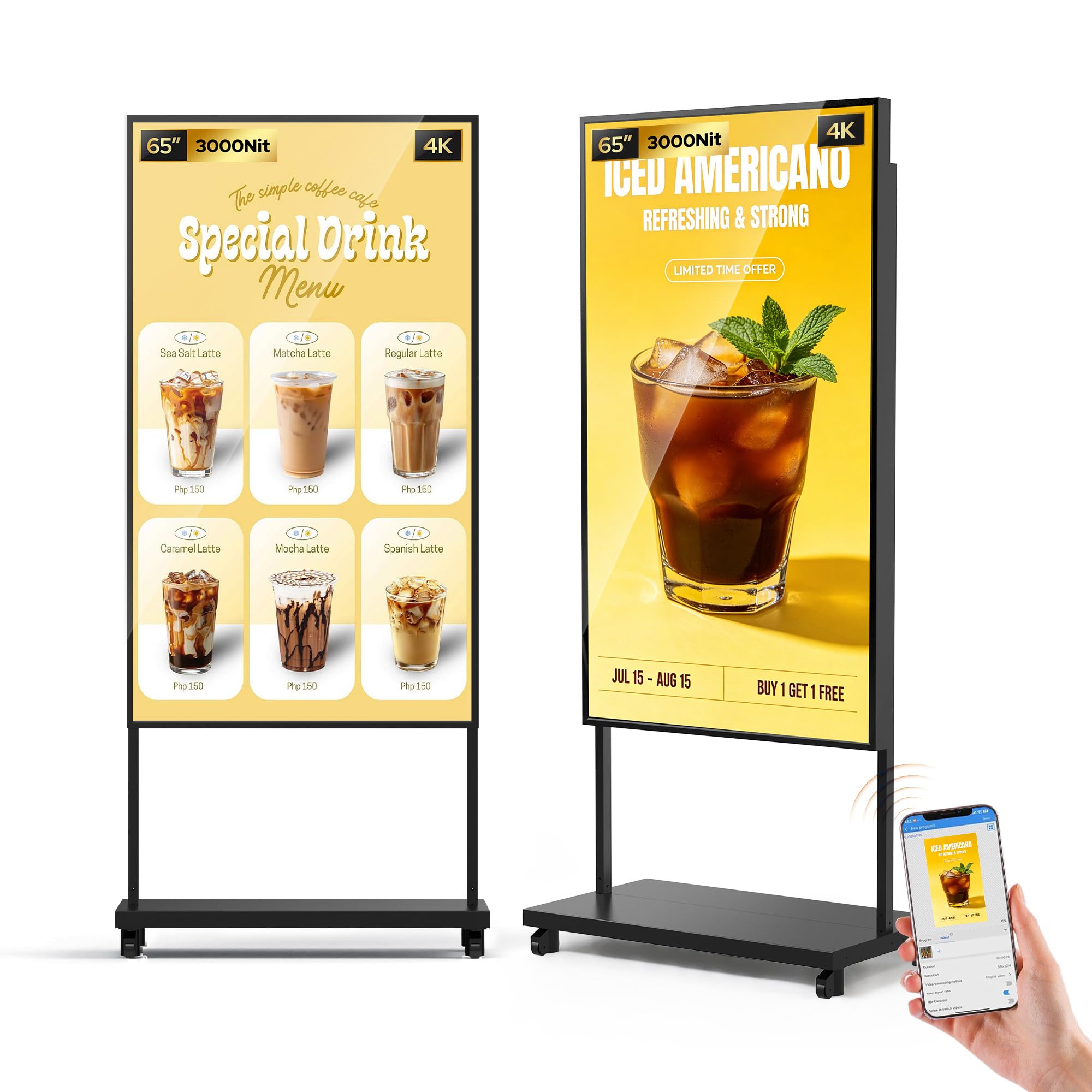 65 Inch Window-Facing Digital Signage Display, 3000 Nits Advertising Kiosk for Business Storefronts, Heat-Resistant LCD, Auto Brightness Sensor, Phone &amp; PC Remote Control, Android 14, WiFi/USB/HDMI