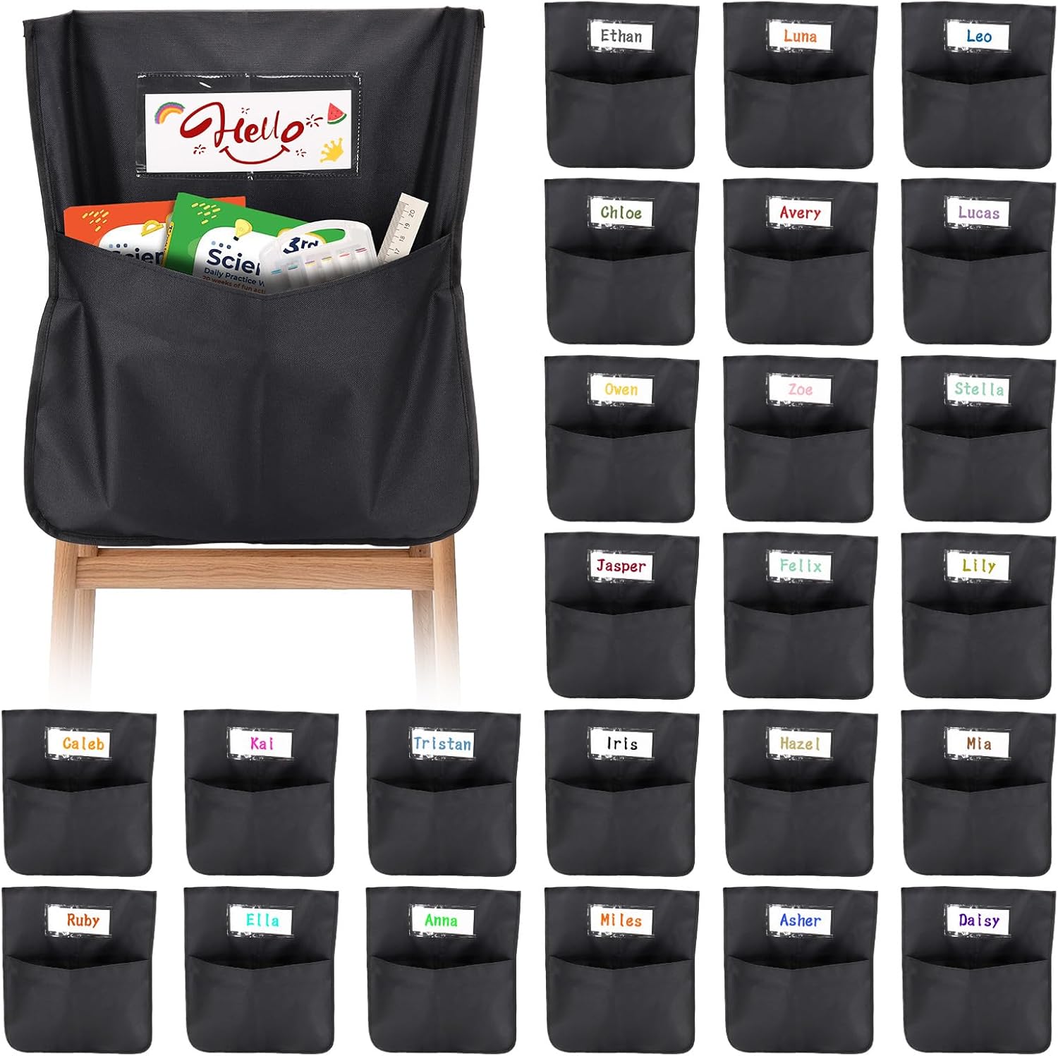 24 Pack Chair Pockets for Classrooms, 16.5"x19.5" Heavy-Duty 600D Oxford Black Chair Back Organizers with Name Tags Seat Sacks for Back to School Teacher Essentials & Kindergarten & 3rd Grade Suppiles