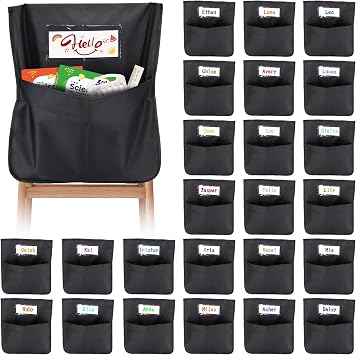 24 Pack Chair Pockets for Classrooms, 16.5"x19.5" Heavy-Duty 600D Oxford Black Chair Back Organizers with Name Tags Seat Sacks for Back to School Teacher Essentials & Kindergarten & 3rd Grade Suppiles