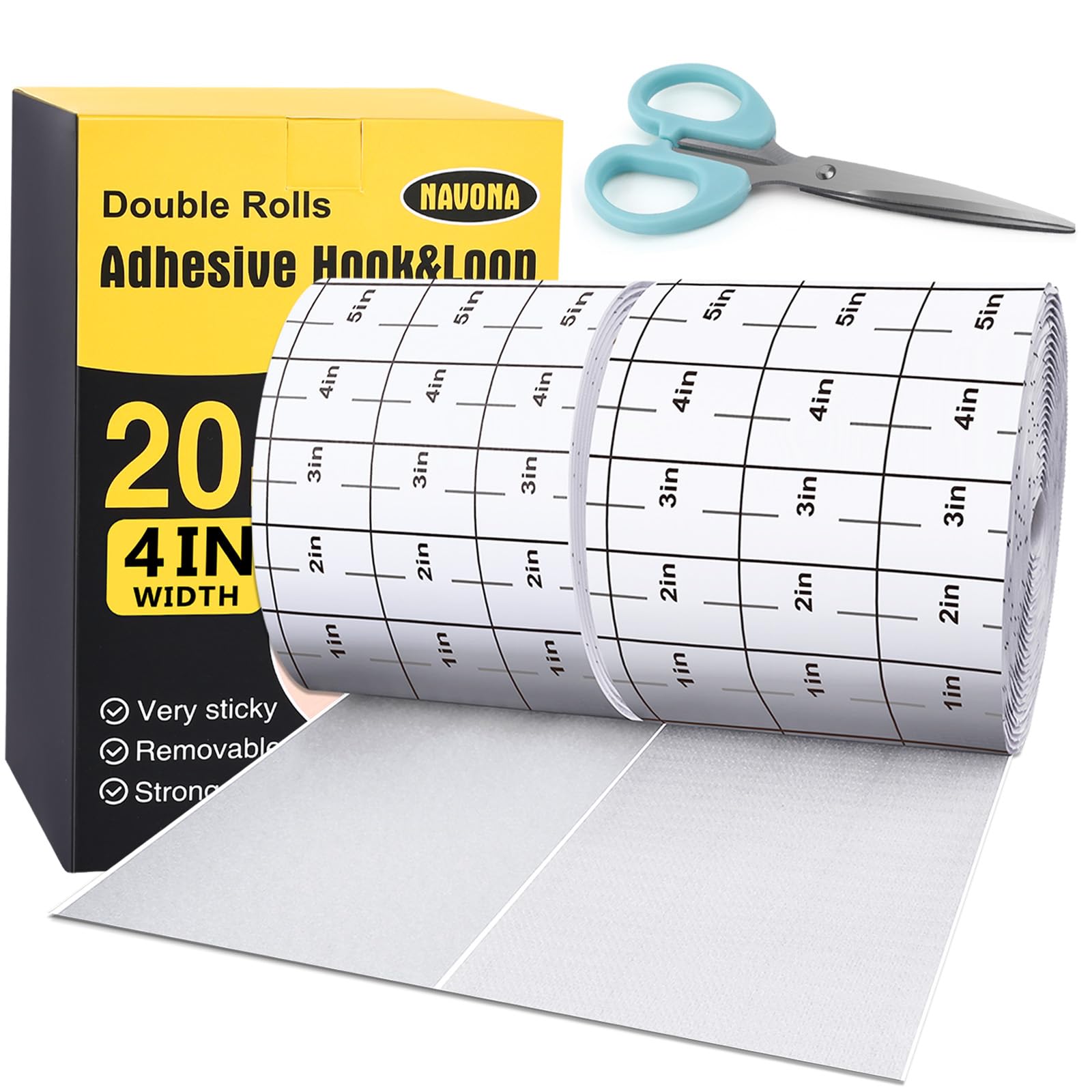 Navona 20Ft x 4 Inch Heavy Duty Hook and Loop Tape with Adhesive, Carpet Anti Slip Rug Gripper, Couch Cushion Grip, Hook and Loop Strips for Home,