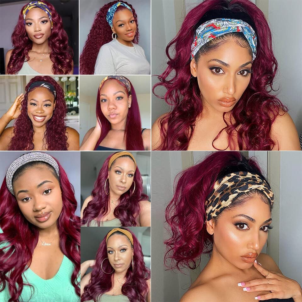 Image of XSY Headband Wig Human Hair 1B /99J Burgundy Deep Wave Headband Wig Red Colored Curly Headband Wig Glueless No Lace Front Wig Brazilian Virgin Human Hair Wigs for Black Women 150% Density 16 Inch