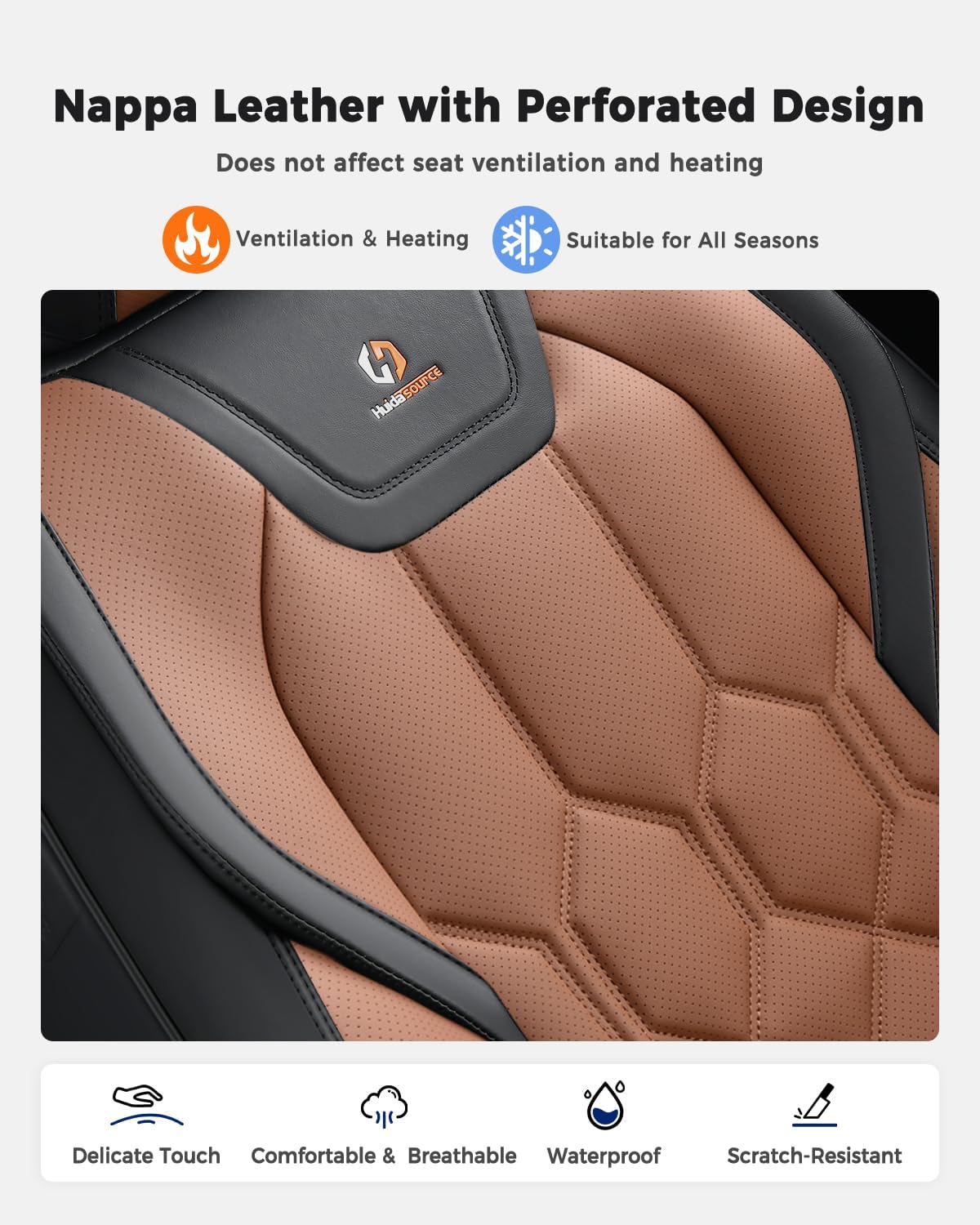 Huidasource Seat Covers Full Set, Universal Fit for Most Cars SUV Trucks, Full Coverage Leather Seat Cover, Airbag, Cupholder Compatible, Seat Function Retain, Easy Install with Velcro, Black & Brown