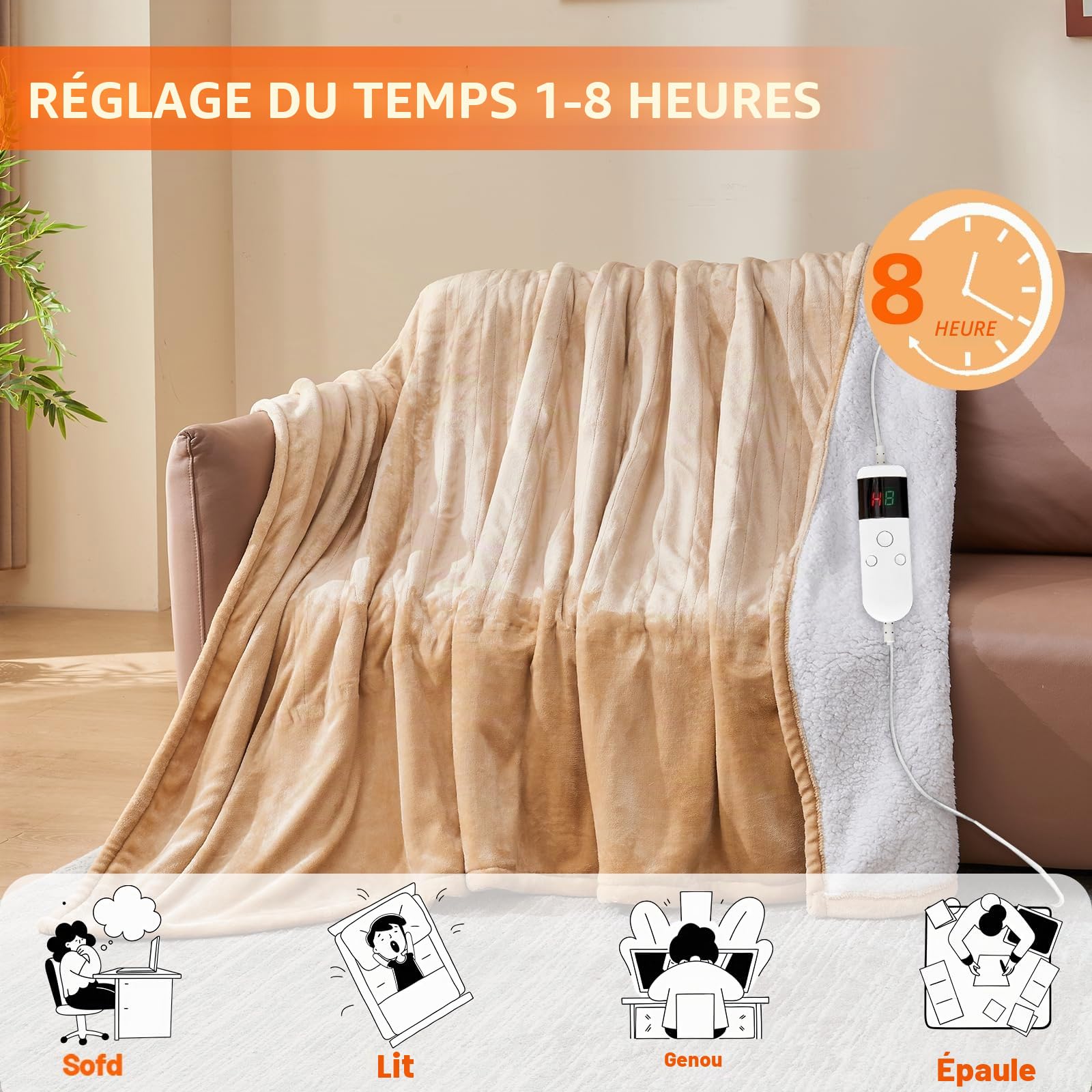 Couverture électrique avec arrêt automatique, 130 x 180 cm, 10 niveaux de chauffage et minuterie de 8 heures, protection contre la surchauffe, lavable en machine, couverture thermique en