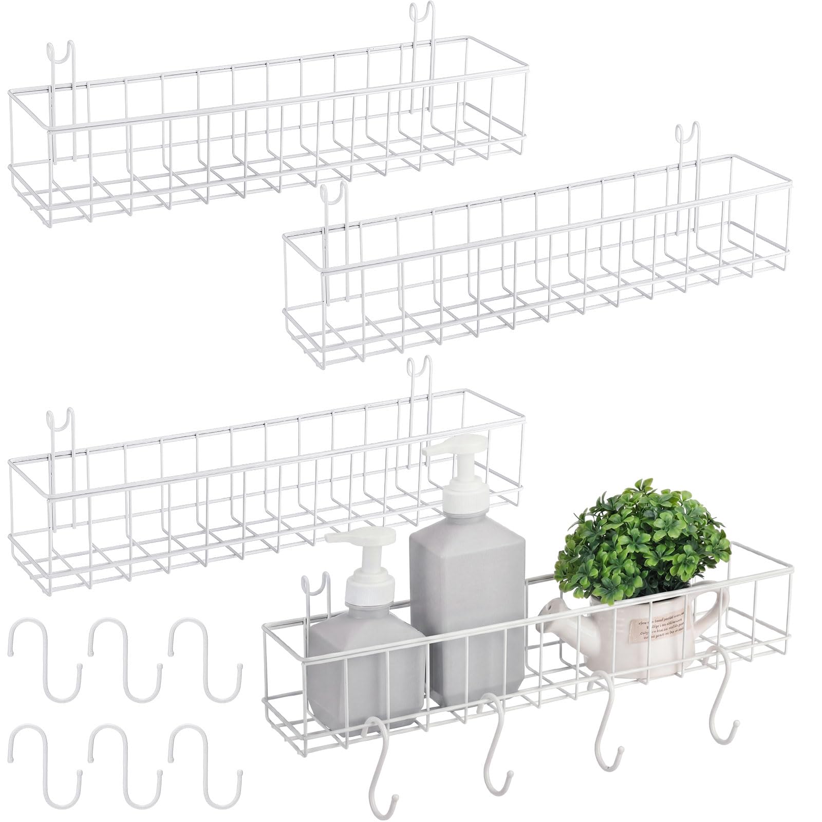 View 1 of [MISSING PARTS] Sunnychicc White 4 Pack Wire Grid Wall Baskets with S Hooks