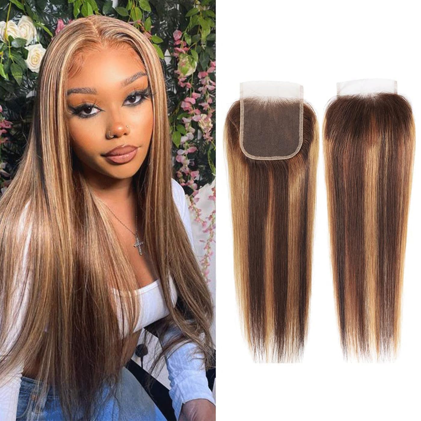 Human Hair Closure 4x4 Hd Lace Ombre P4/27 Two Tone Brown Mix Honey Blonde 130% Density 16 Inch Straight Transparent Lace Pre Plucked With Baby Hair 4x4 Lace Closure Human Hair