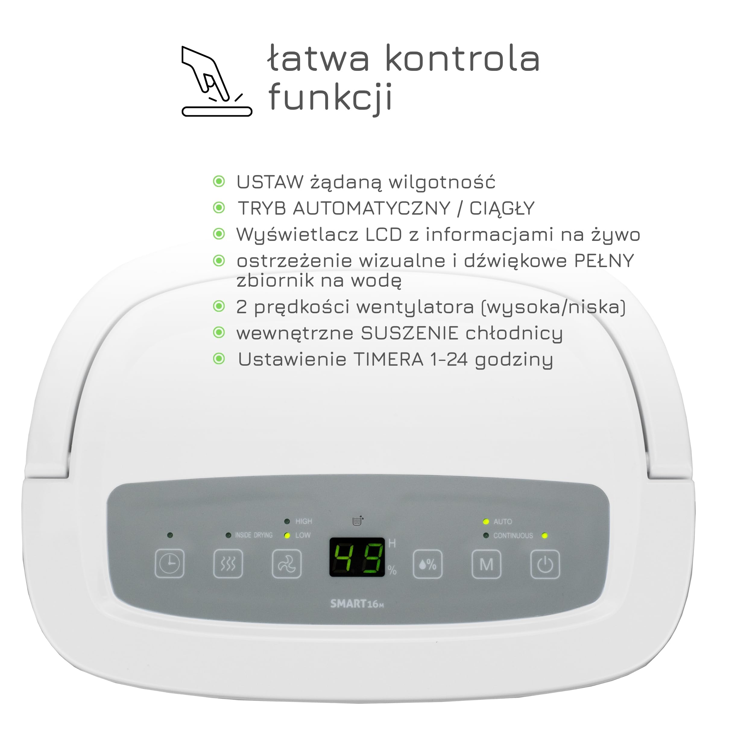 Turbionaire Smart 16M Przenośny osuszacz, 16L / 24h, 120 m³ / h, Cichy 40 dB, max 250 Watt, do pomieszczeń do 65 mc, Filtr przeciwpyłowy, Wbudowany higrostat