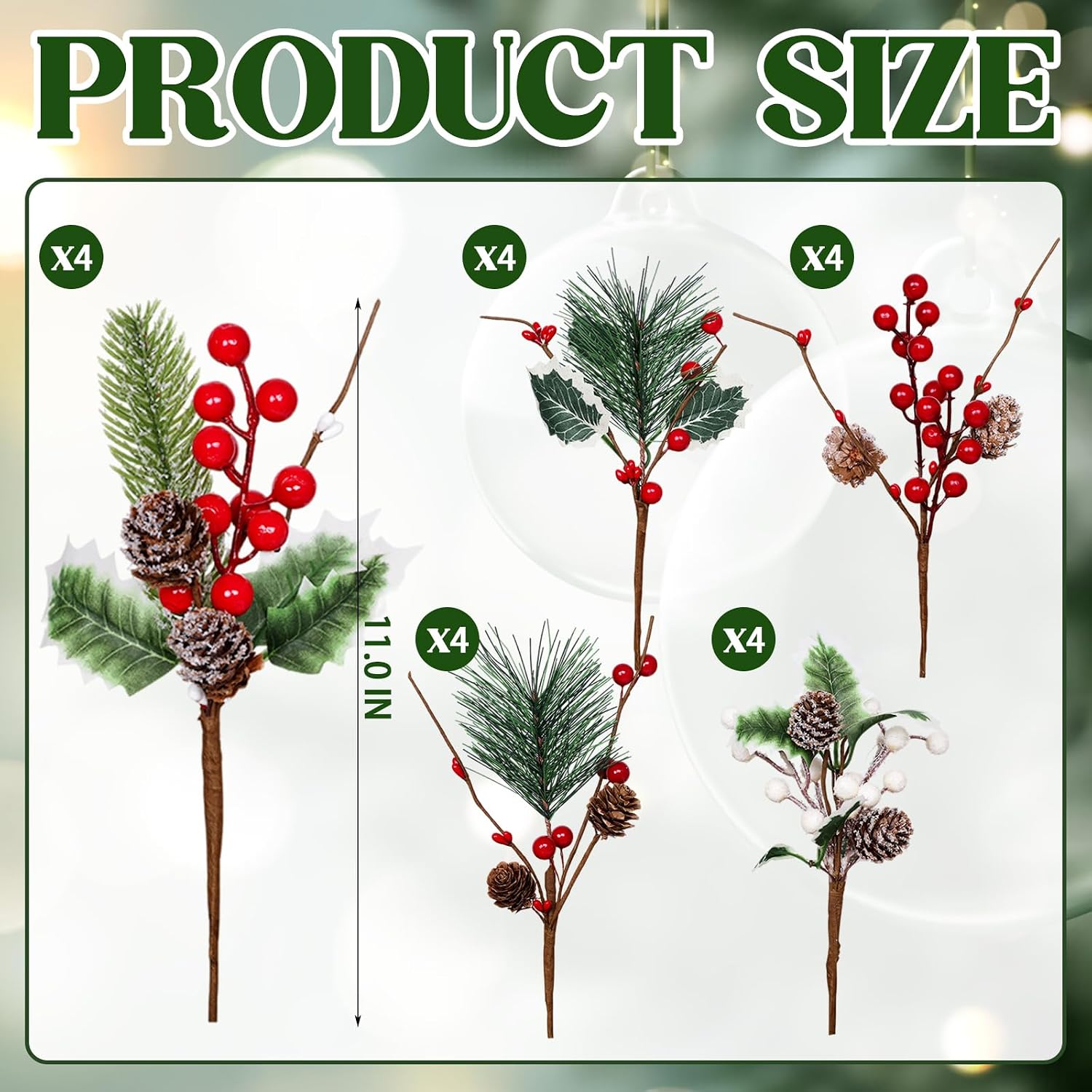 20 Pcs Red Berry Pine Cones for Crafts Evergreen Artificial Pine Branches Holly Stem, Christmas Tree Picks and Sprays Artificial Flowers for Holiday Wedding Table Centerpiece Decor (A Styles, 20 PCS)