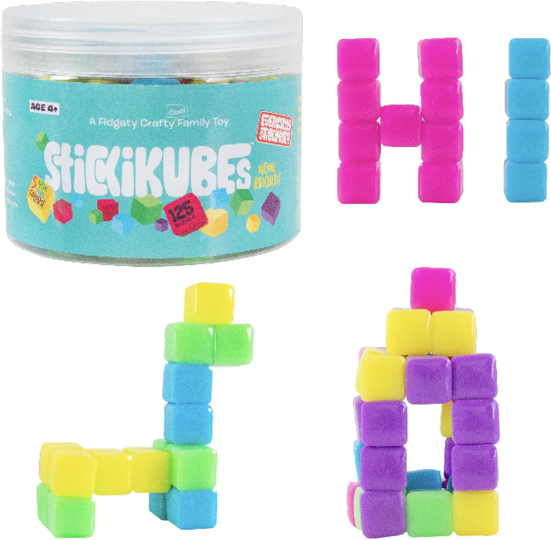 KOMARC GAMES StickiKubes, Mini Stacking Cubes that Stick to Anything, Non Toxic Kid Safe Sticky Blocks, Creative Construction Toy - 125 Cubes, 5 Neon Colors, Tub