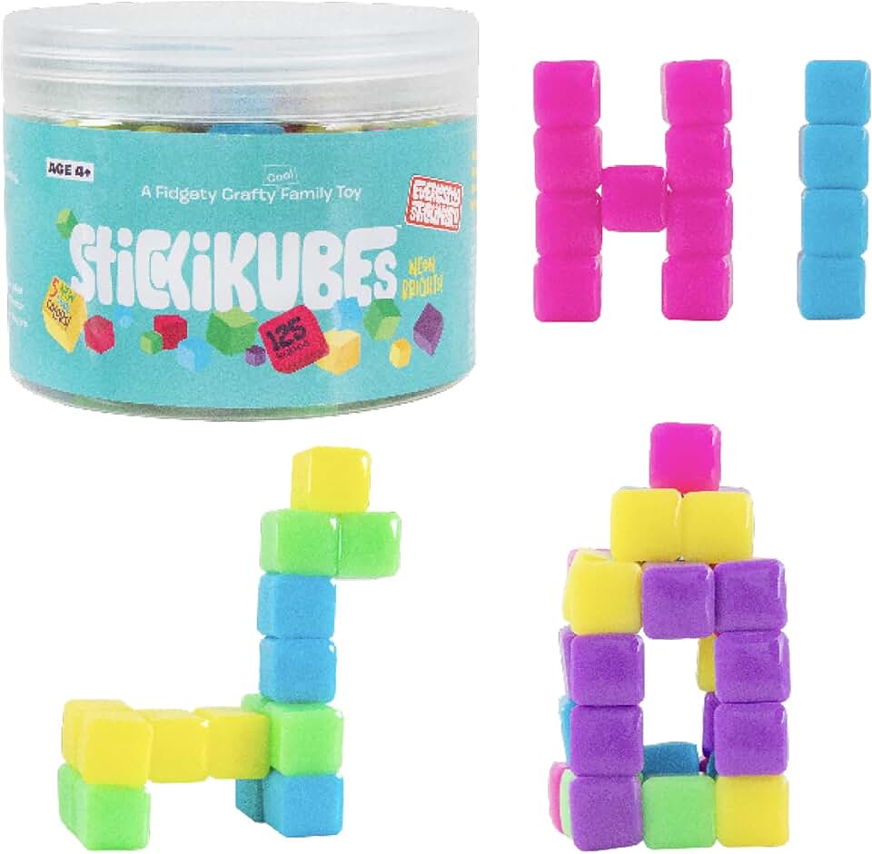 KOMARC GAMES StickiKubes, Mini Stacking Cubes that Stick to Anything, Non Toxic Kid Safe Sticky Blocks, Creative Construction Toy - 125 Cubes, 5 Neon Colors, Tub