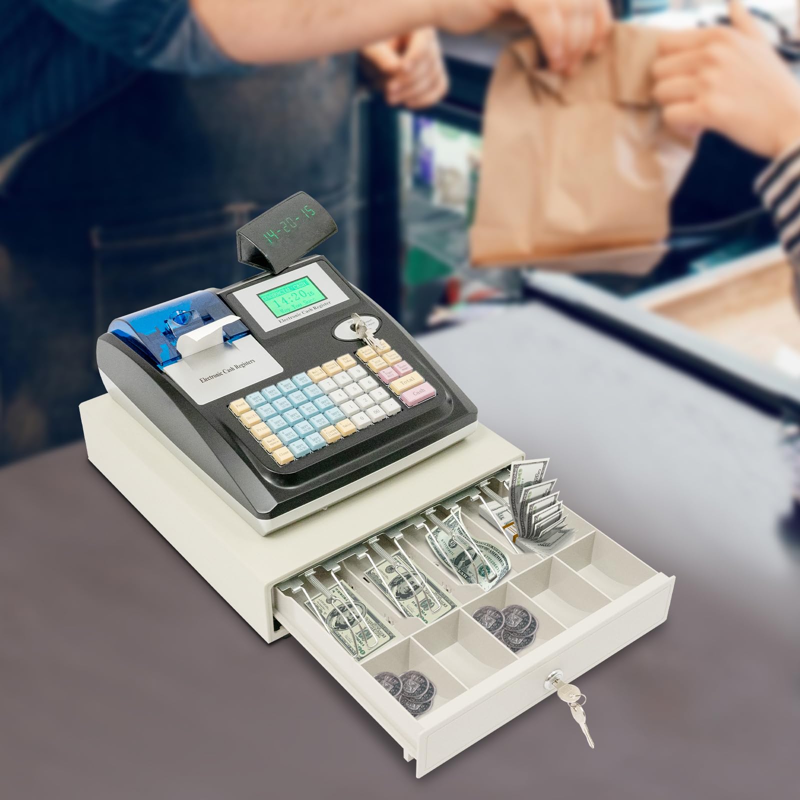 Elektronische Kasse Registrierkasse Pos-Kassen 48 Tasten Digitale LED Elektronische Registrierkasse Supermarkt Kiosk Einzelhandel Kassensystem Gastronomie Englische Version
