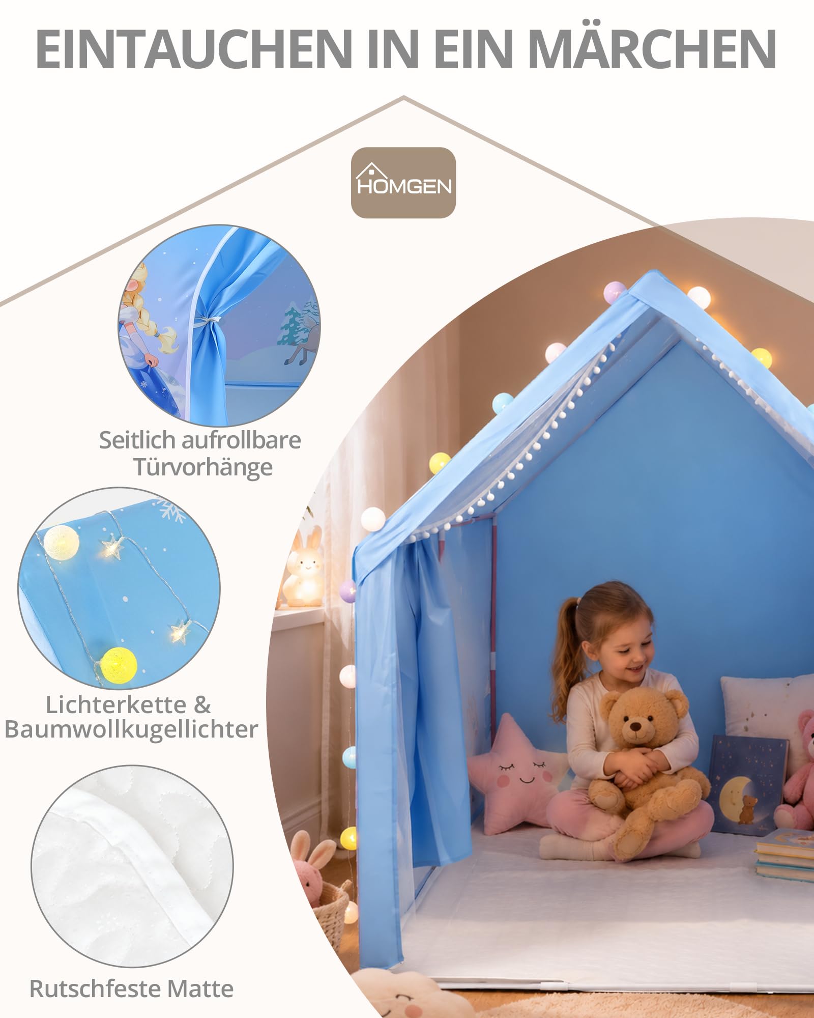 HOMGEN Kinderzelt mit Matte und Lichtern, Spielhaus Indoor für Kinder, Prinzessin Spielzelt für Kinderzimmer Deko & Lesezelt, für 3–12 Jahre,Mädchen und Jungen, 160×105×128cm, blau