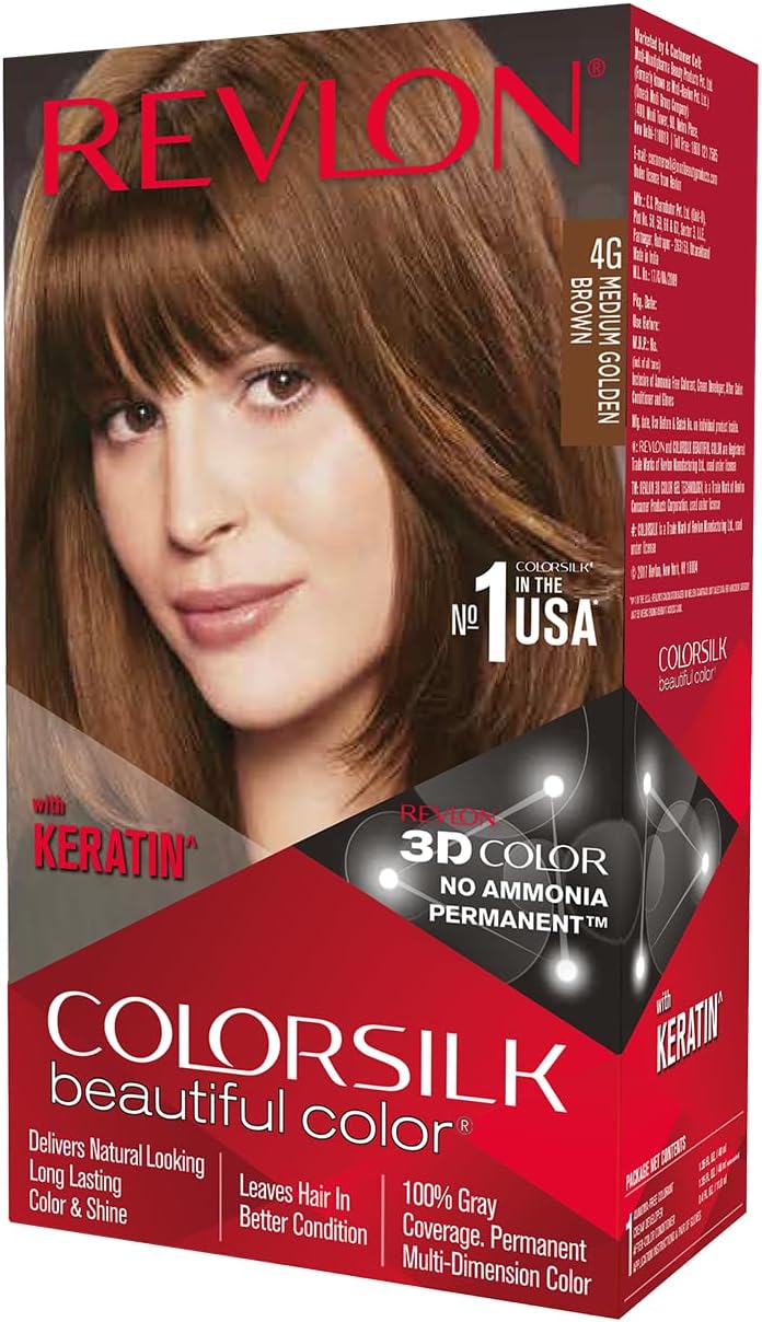 Revlon ColorSilk Permanent Hair Color For Women, Salon Perfect Hair Colour at Home with 100% Grey Coverage, Pro-Keratin & No Ammonia, Up to 8 Weeks of Colour, Shade -Medium Golden Brown 4G(Pack of 1)