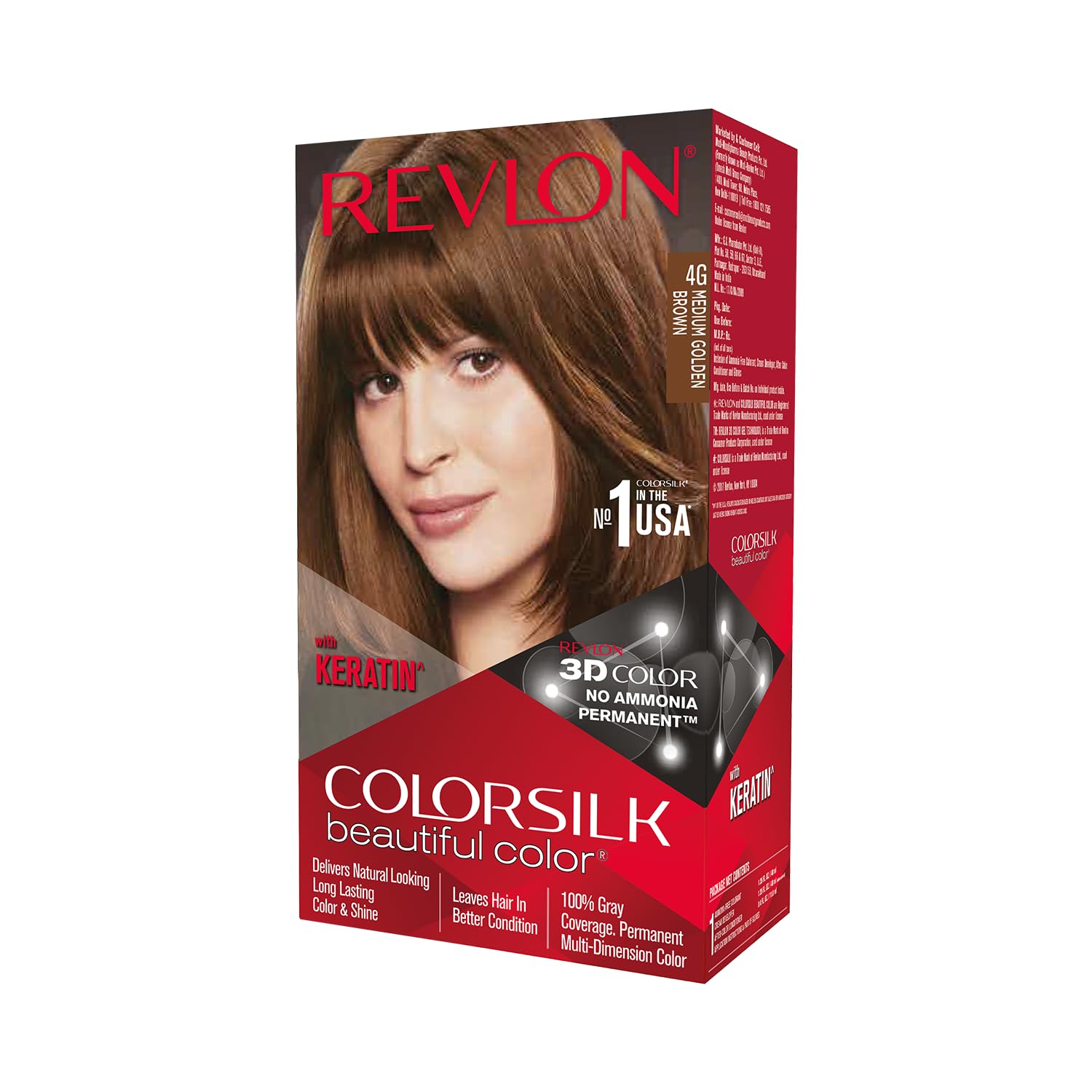 Revlon ColorSilk Permanent Hair Color For Women, Salon Perfect Hair Colour at Home with 100% Grey Coverage, Pro-Keratin & No Ammonia, Up to 8 Weeks of Colour, Shade -Medium Golden Brown 4G(Pack of 1)
