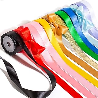 5/8'' Satin Rainbow Ribbons for Crafts and Flower Bouquet, Double Face Silk Hair Ribbon for Girls, 12x5 Yads Colorful Red Pink Blue Gold White Black Green Purple Yellow Ribbon Pack for Gift Wrap Bows
