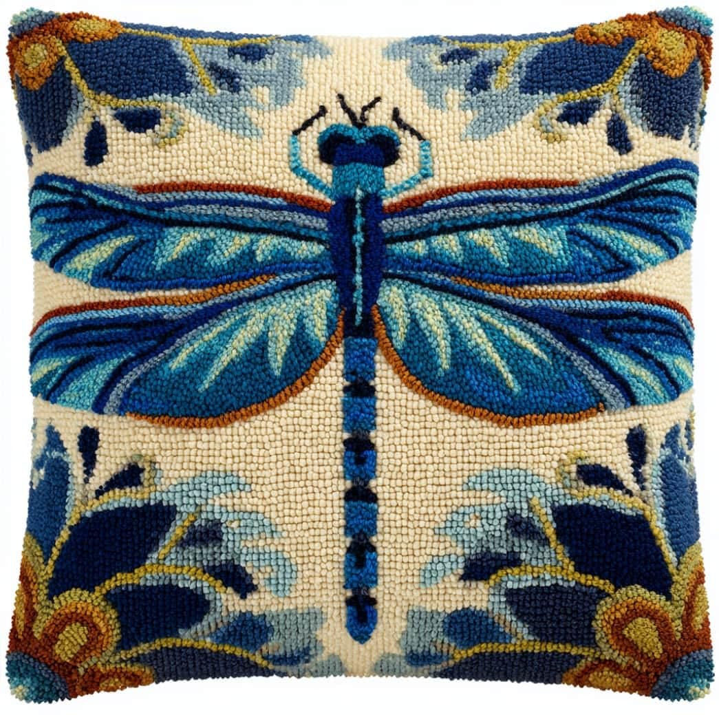 Taxpy Latch Hook Cushion Kits Dragonfly Pillowcase Kits Embroidery Kit 17X17 Inch DIY Needlework Pillow Cover Sofa Cushion Rug Making