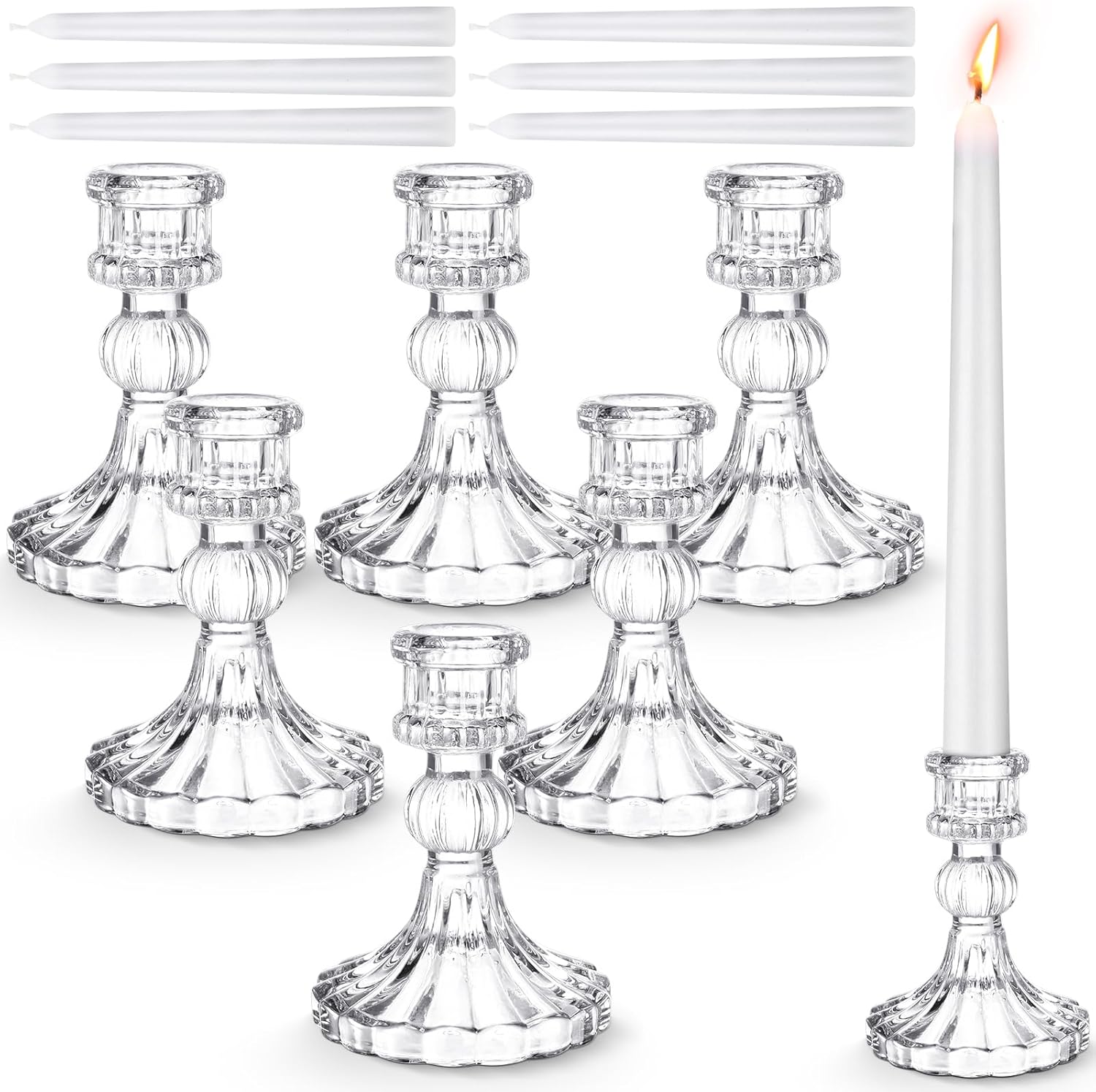 Suclain 12 Pcs Wedding Candlestick Holders Taper Candles Set Clear Glass Candle Holder and White Tapered Candles Dripless Tall Candle Sticks for Wedding Party Table Favor(Gold)